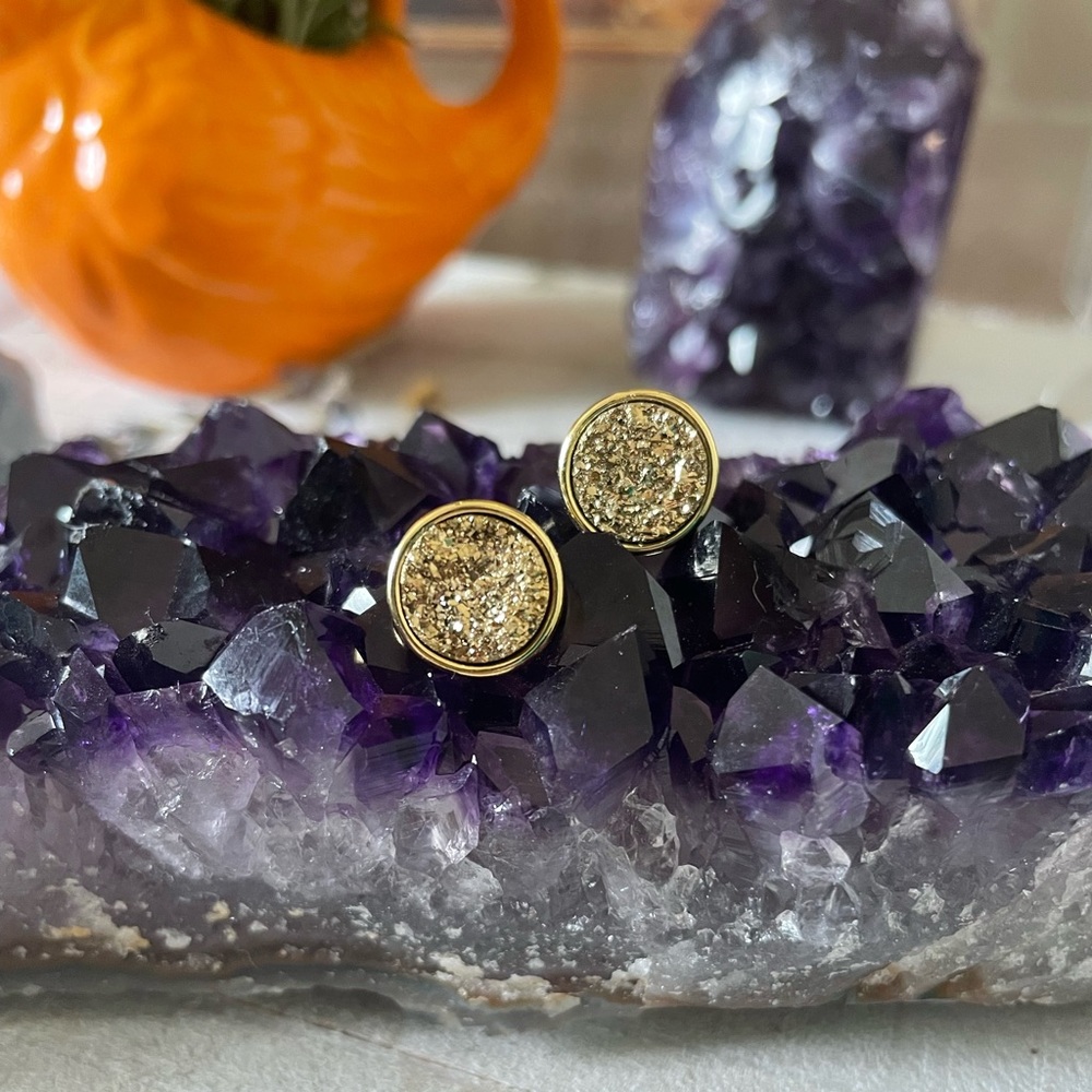 24K Gold Plated Gold Druzy Crystal Stud Earrings